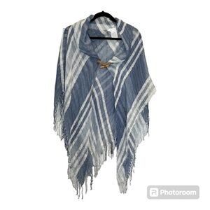 Blue and white striped wrap shawl/beach cover up fringes One Size